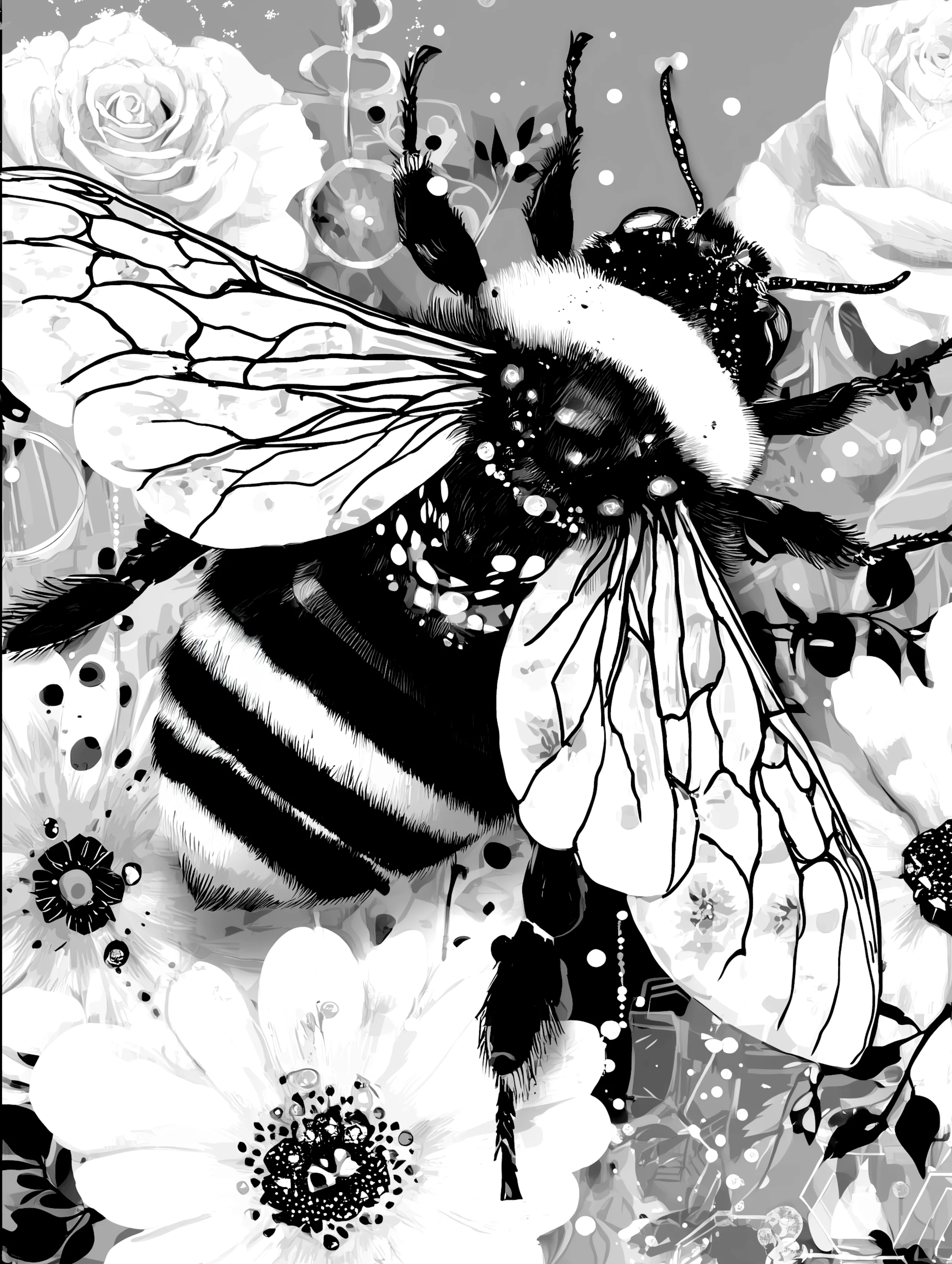 Free printable bee coloring page for adults featuring dark diagonal bee